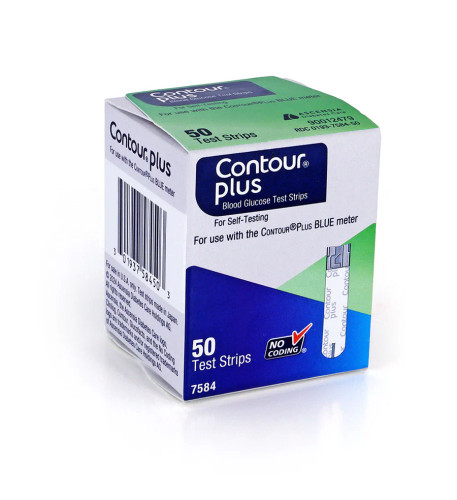 Contour Plus test strips being inserted into meter – tiny 0.6µL blood sample for comfortable testing